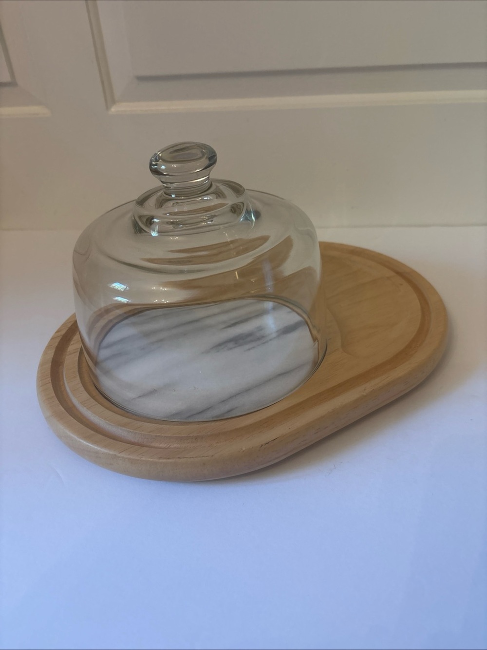 VTG Dolphin Farmhouse Cheese App Tray Lidded Glass Beechwood Marble Gray OS - Picture 7 of 9